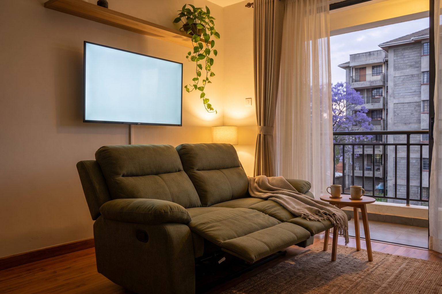 Olive-green 2-seater recliner loveseat with both seats reclined in a South C apartment