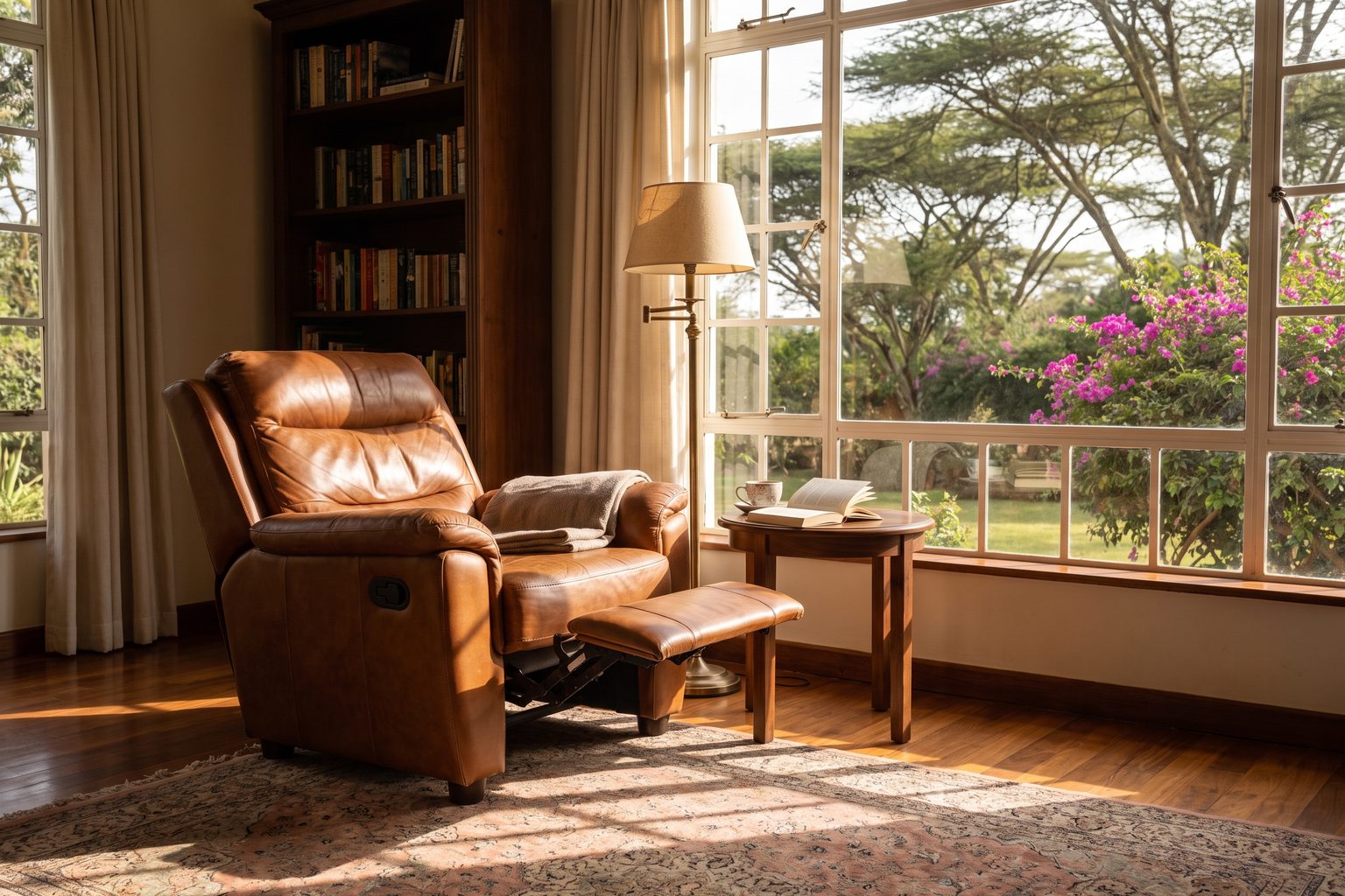 Cognac leather recliner armchair with footrest raised in a Karen reading corner