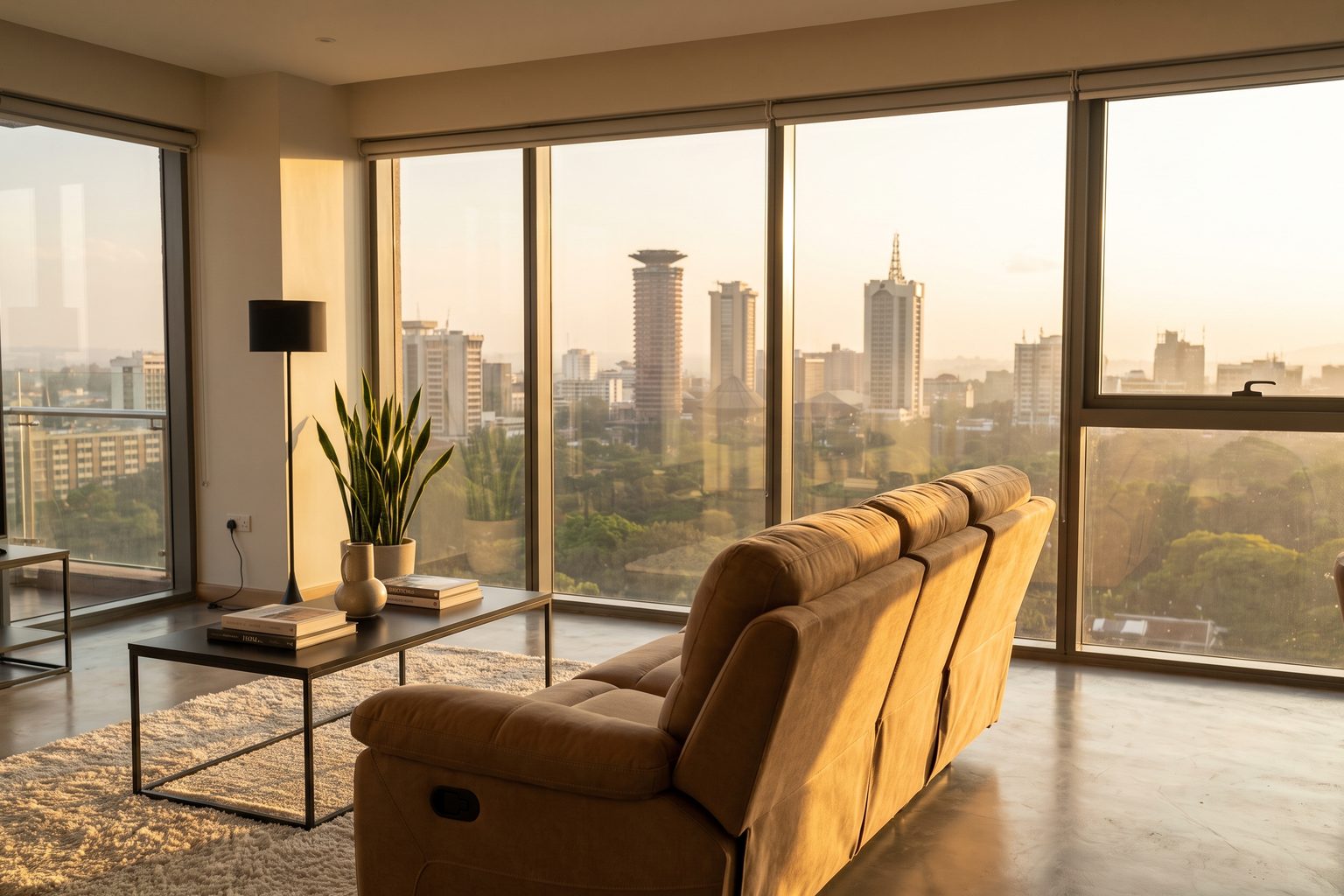 Camel recliner sofa facing a view of the Nairobi skyline from an Upper Hill apartment